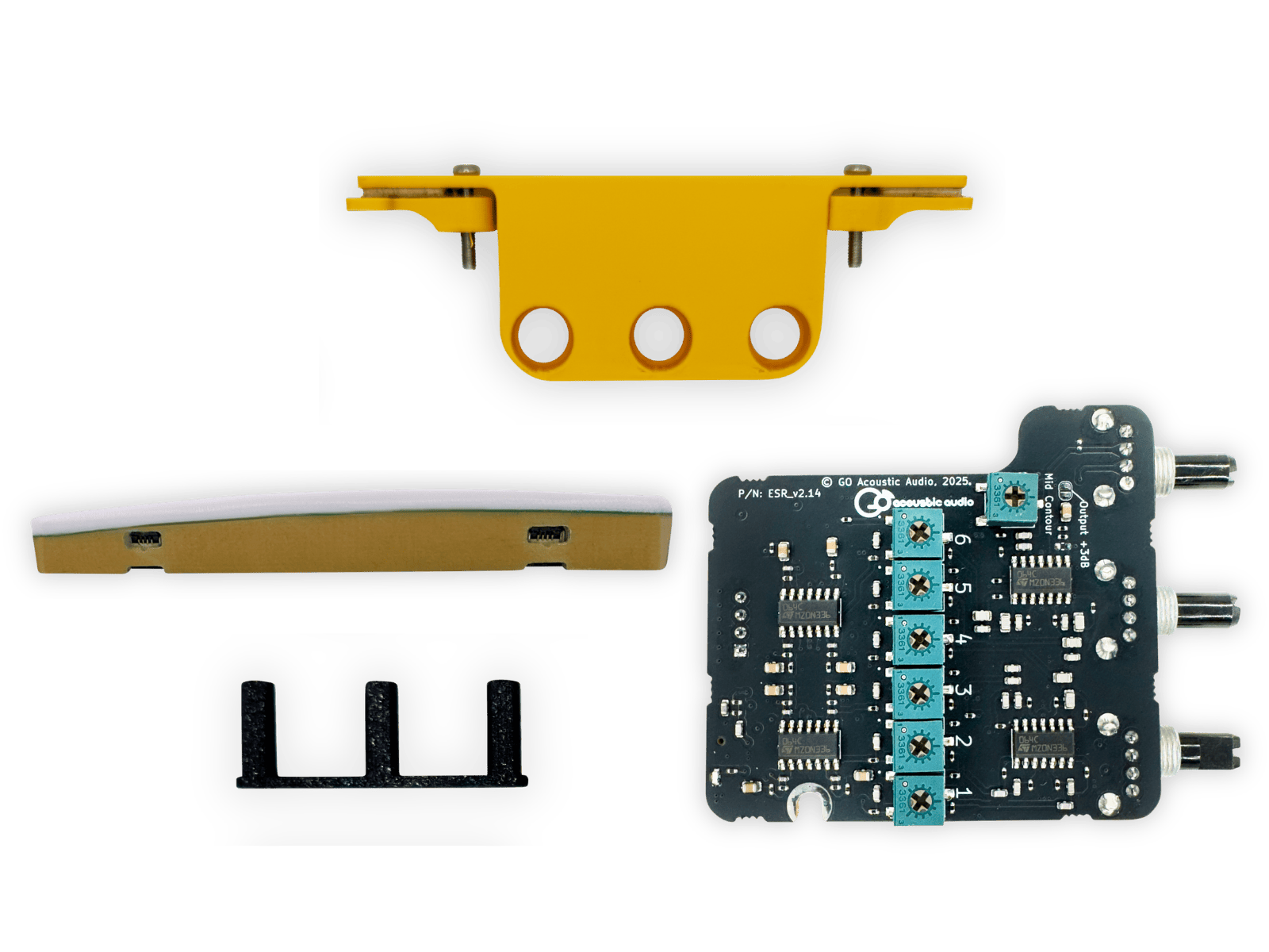 Go Acoustic Audio ES Replacement System preamp, Saddle-Pickup, control mount, and Taylor ES2 bridge-hole plug.